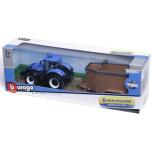 BURAGO Tractor w/livestock trailer N.H. T7.615 10cm blue